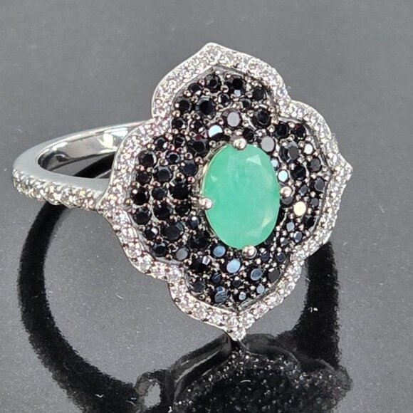 925 Sterling Silver Ring Sz 8 with Natural Emerald 5x7mm & Blk Spinel Gems - Picture 3 of 9